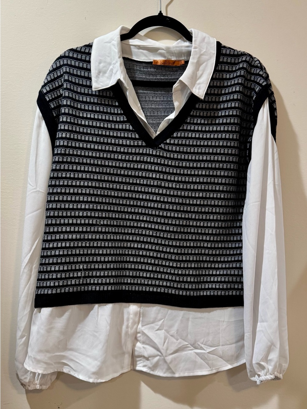 Belldini Black & White V-Neck Sweater Vest with Attached Shirt
